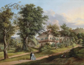 Paisaje de parque con paseantes en primer plano